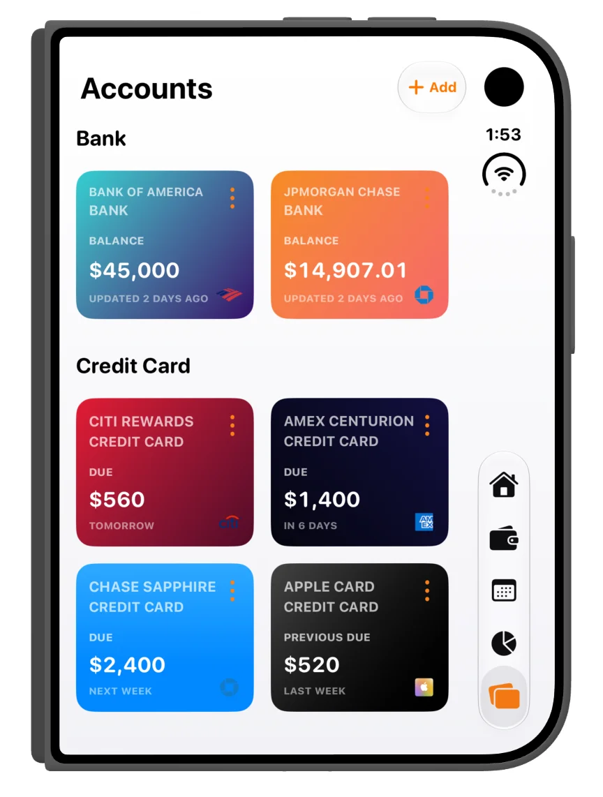 Bank and credit card accounts in the folded layout.