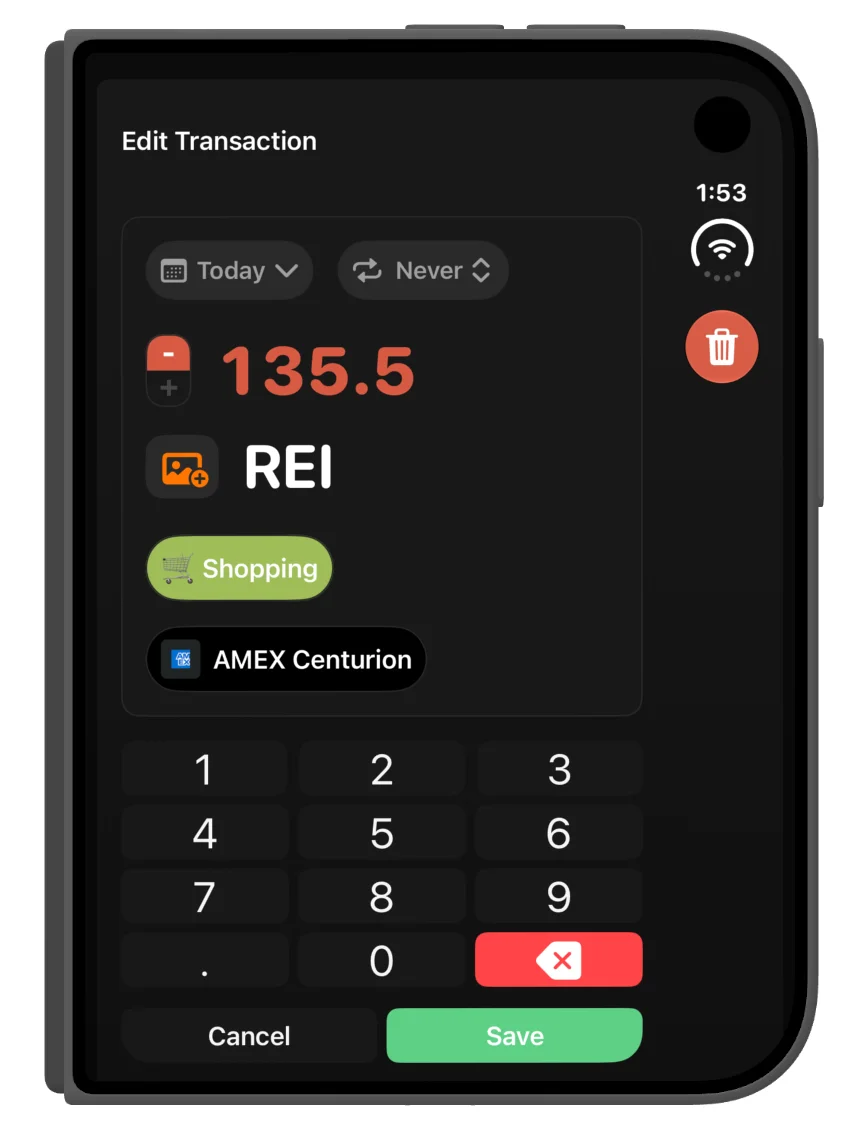 Editing a transaction in the folded layout, with category, account and number pad.