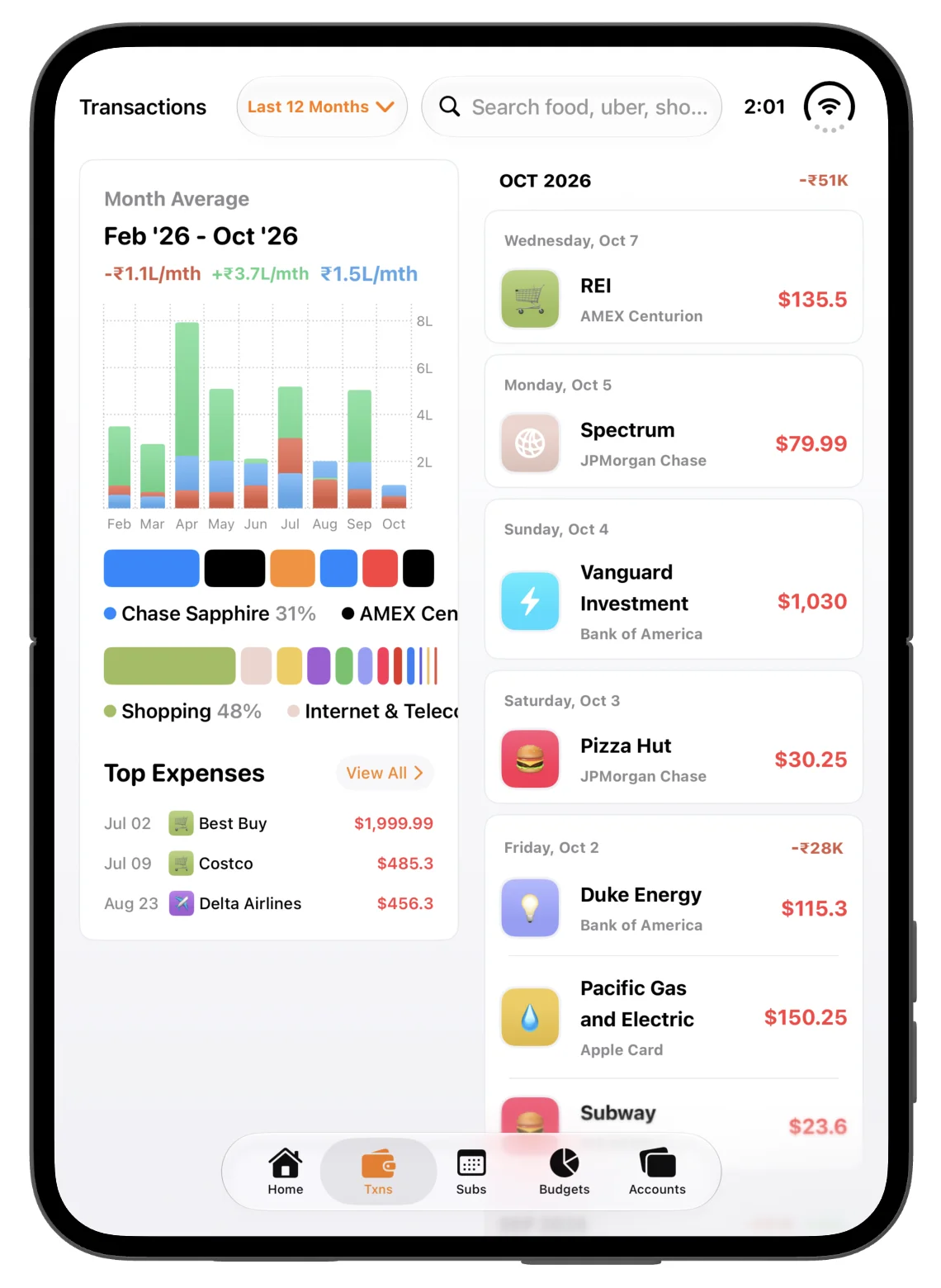 The open portrait transactions layout keeps charts and categories beside the transaction list.