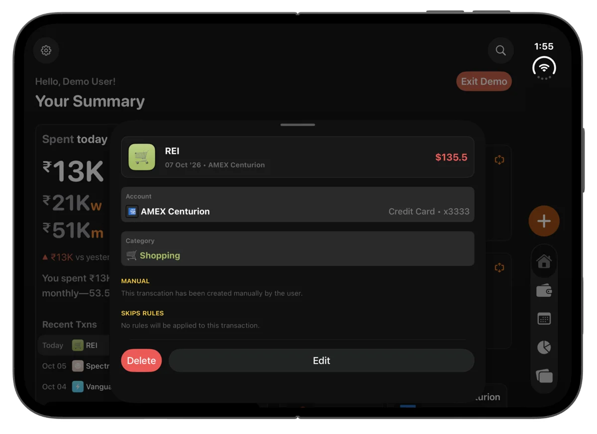 Transaction details in the open landscape layout.